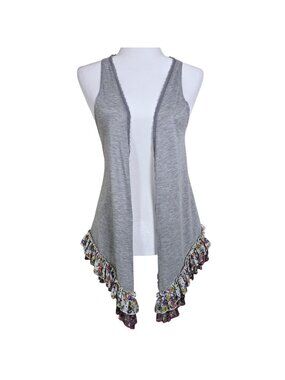 Y2K Live To Be Spoiled Gray Boho Floral Ruffle Trim Hem Open Front Cardigan XL